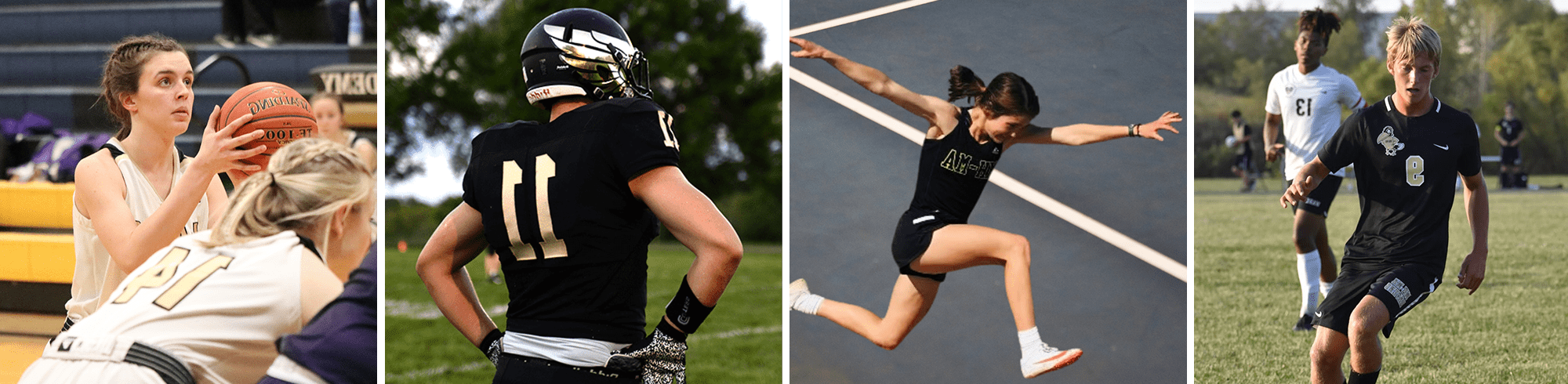 two soccer players, track girl doing triple jump, a football player, 篮球比赛中一个女孩罚球